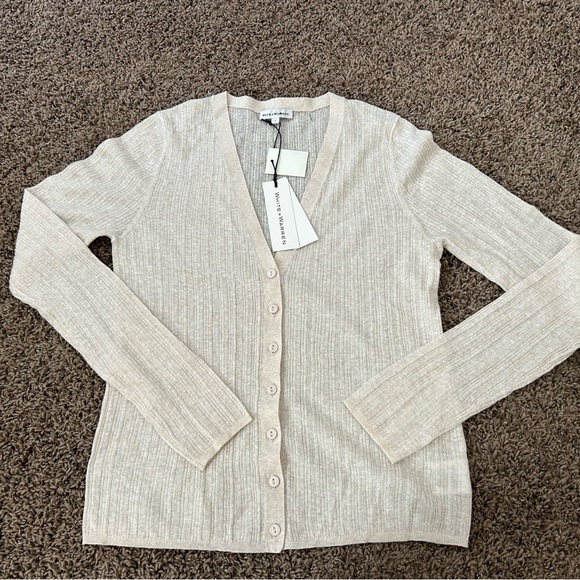 NWT White + Warren Linen Gauze Verigated Ribbed Cardi Top in Oatmeal Heather - Picture 4 of 13